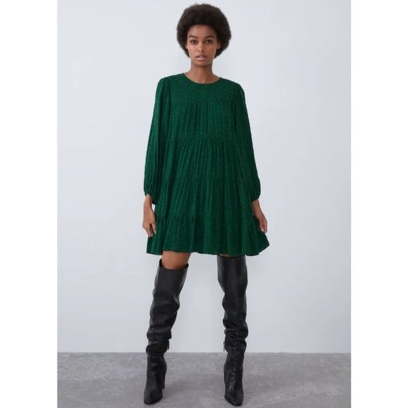 Zara Dresses & Skirts - Zara Voluminous Textured Ruffle Long Sleeve Holiday Dress Medium